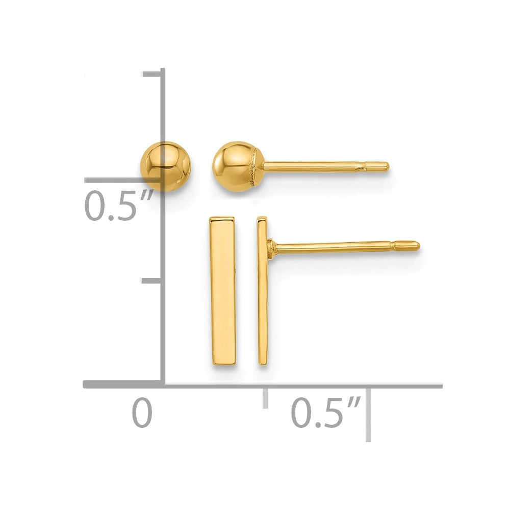 14K Polished 3mm Ball and Bar Earring Set