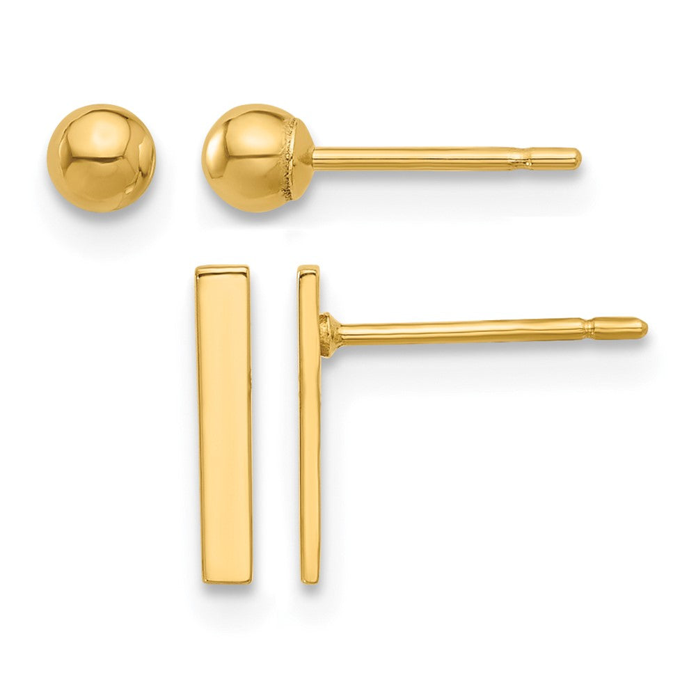 14K Polished 3mm Ball and Bar Earring Set