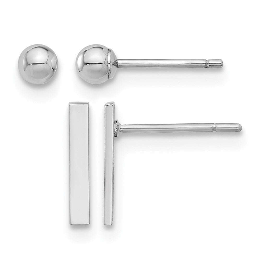 14K White Gold Polished 3mm Ball and Bar Earring Set