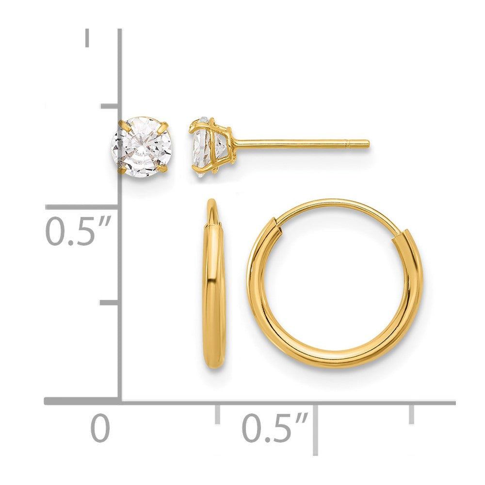 14K Polished CZ Studs and Small Endless Hoop Earring Set