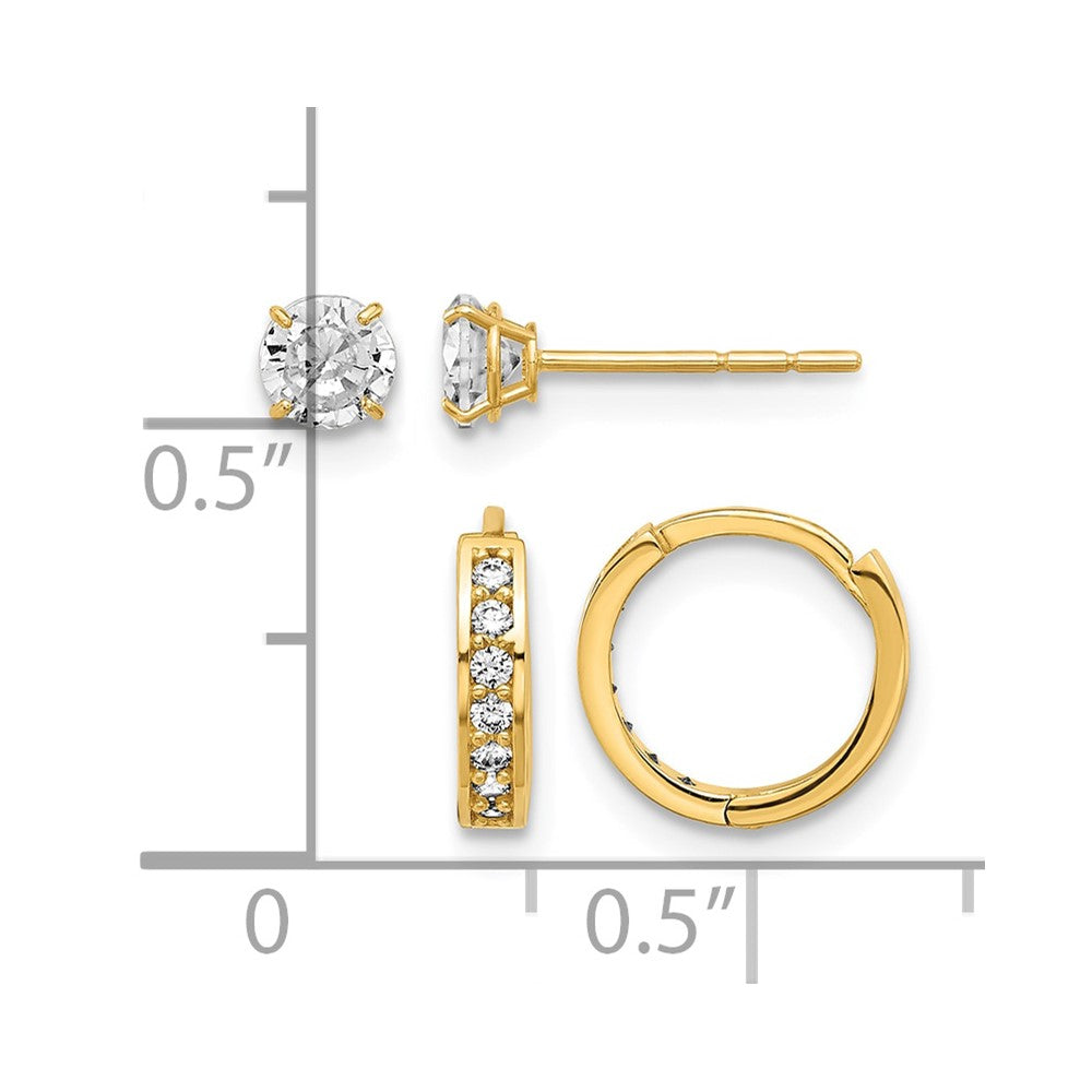14K Polished CZ Post and Hinged Hoop Earring Set