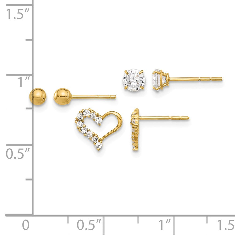 14K Polished CZ Ball and Heart Post Earring Set