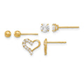 14K Polished CZ Ball and Heart Post Earring Set
