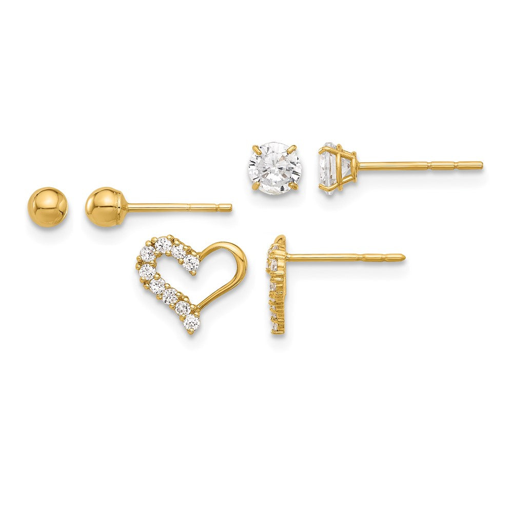 14K Polished CZ Ball and Heart Post Earring Set