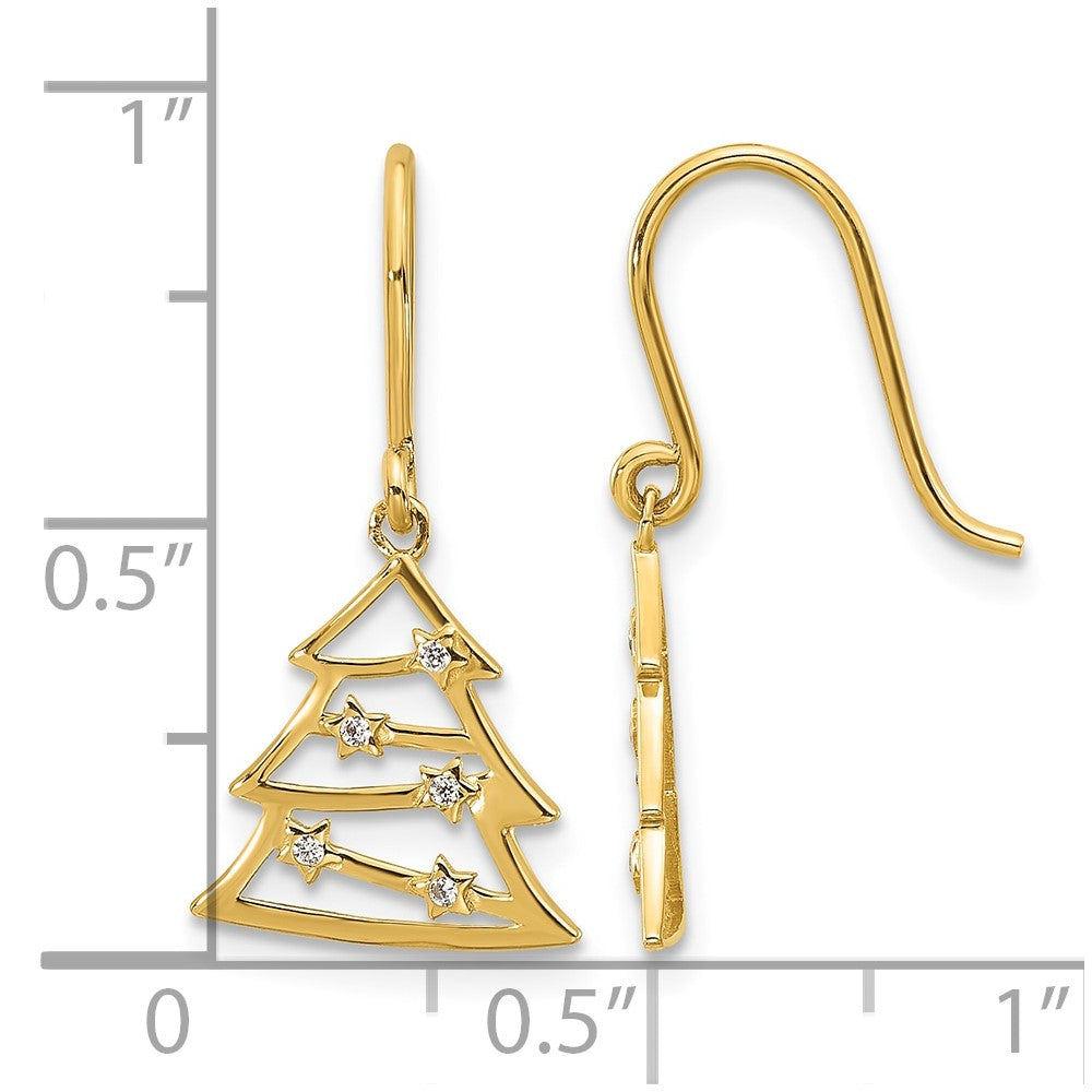 14k Polished CZ Christmas Tree Shepherd Hook Dangle Earrings