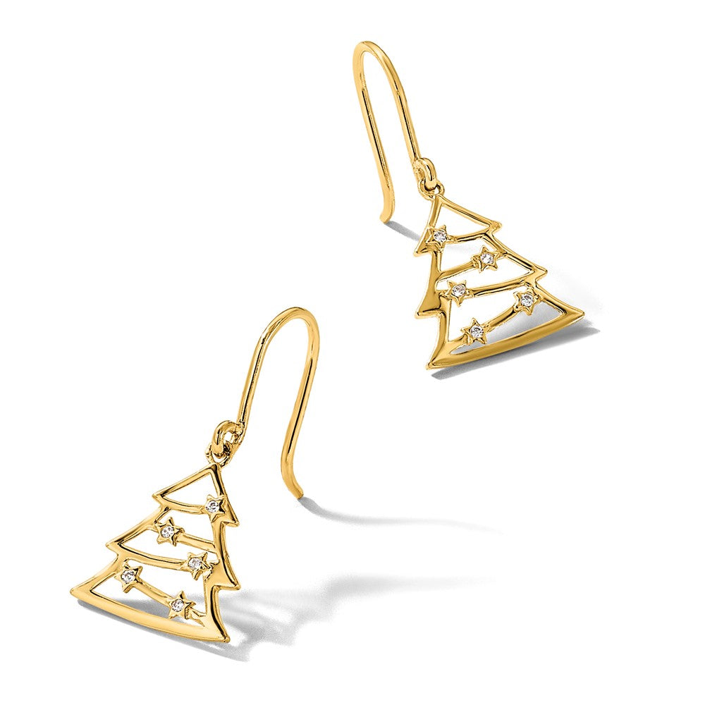 14k Polished CZ Christmas Tree Shepherd Hook Dangle Earrings