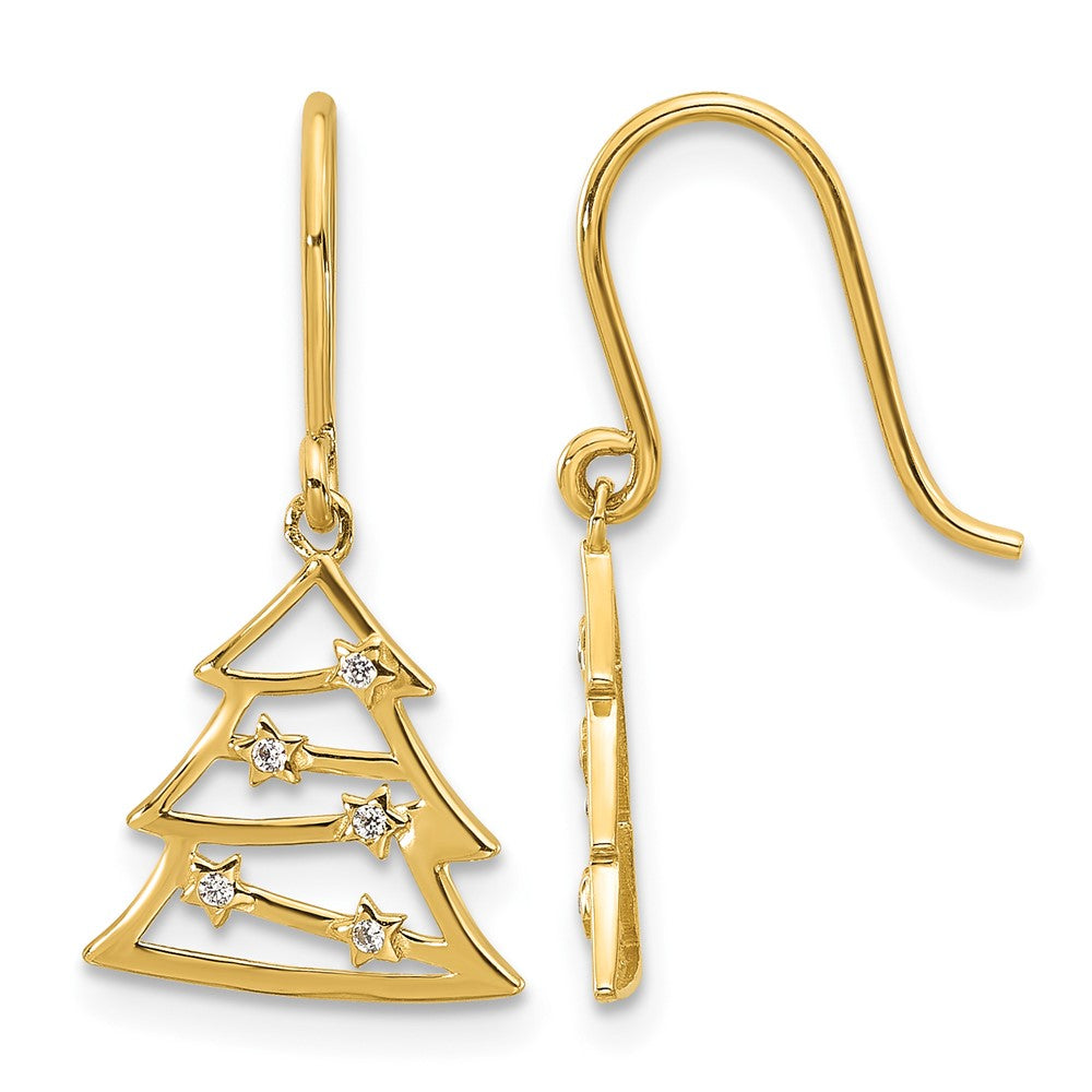 14k Polished CZ Christmas Tree Shepherd Hook Dangle Earrings