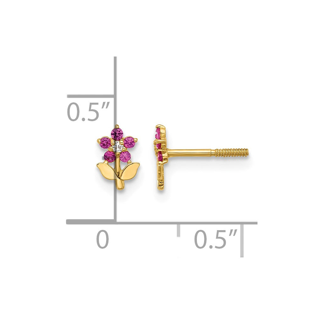 14K Polished Dark Pink & White CZ Flower Screwback Post Earrings