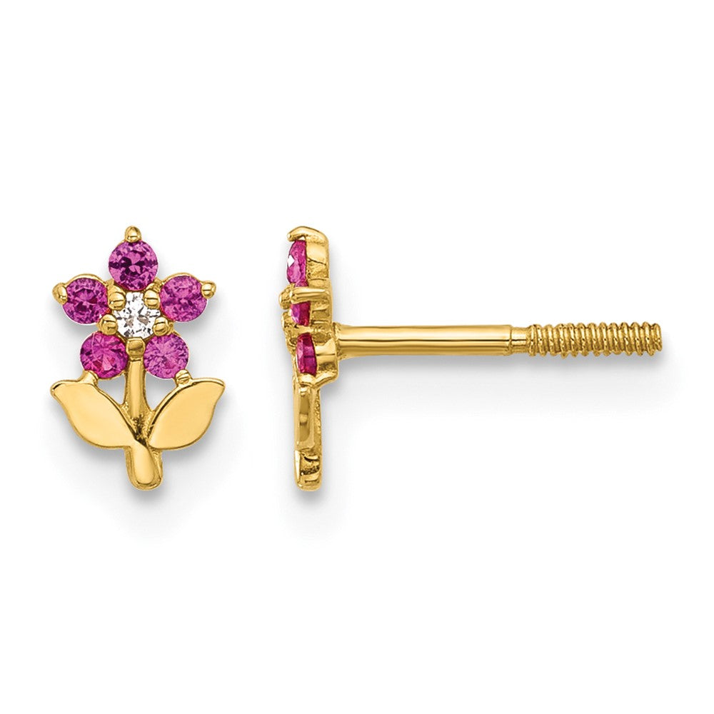 14K Polished Dark Pink & White CZ Flower Screwback Post Earrings