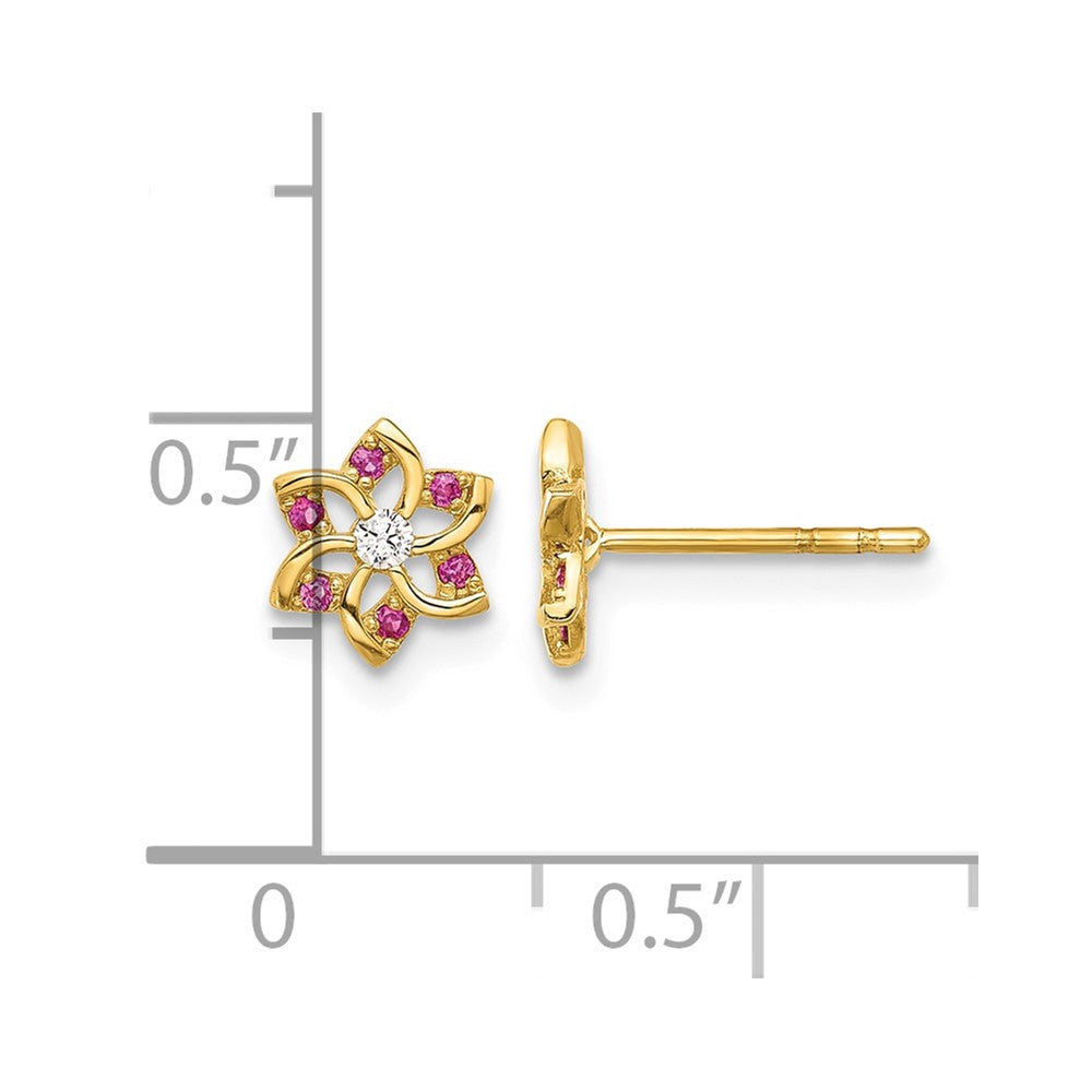 14K Polished Red and White CZ Flower Post Earrings