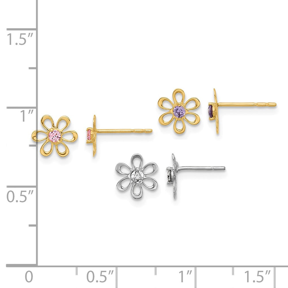 14K Yellow and White Gold Multi-color CZ Flower Post Earring Set