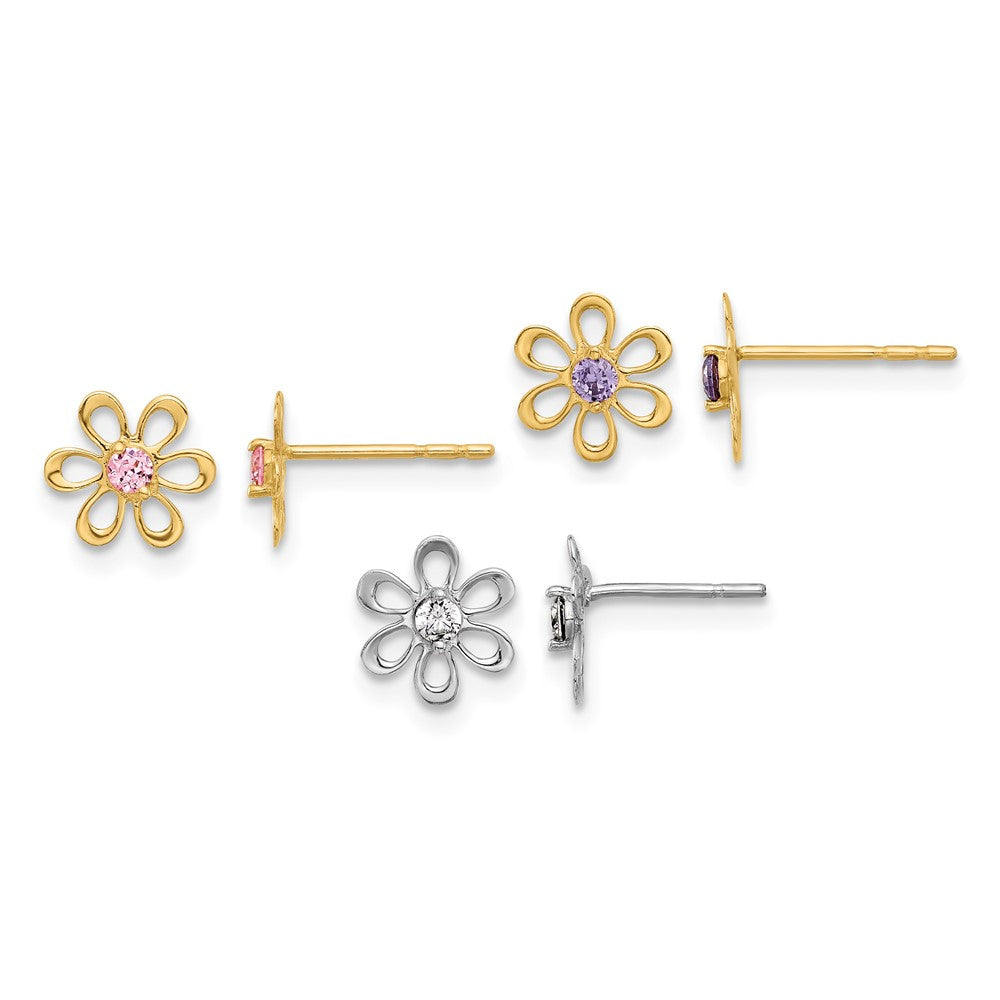 14K Yellow and White Gold Multi-color CZ Flower Post Earring Set