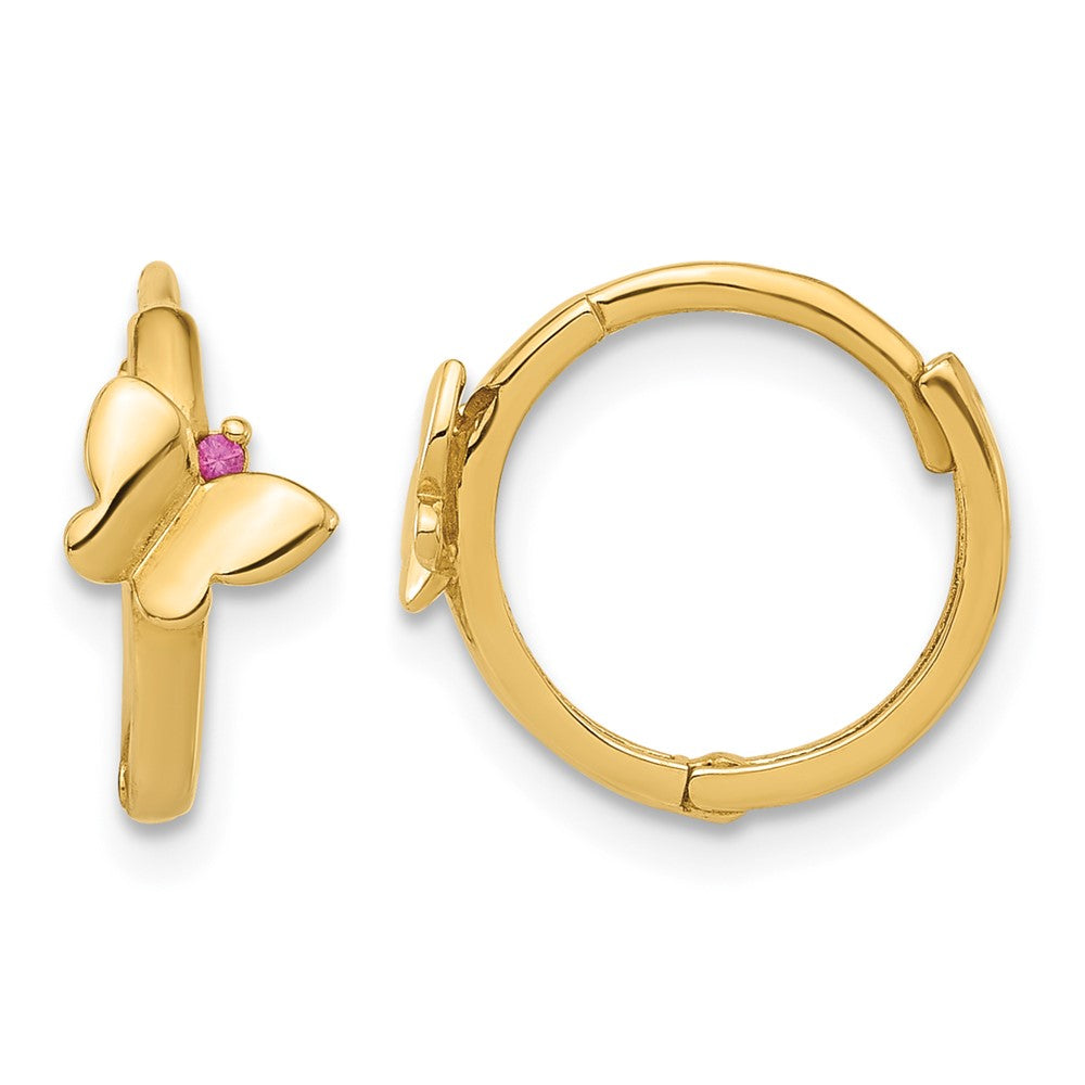 14K Polished Pink CZ Butterfly Hinged Hoop Earrings
