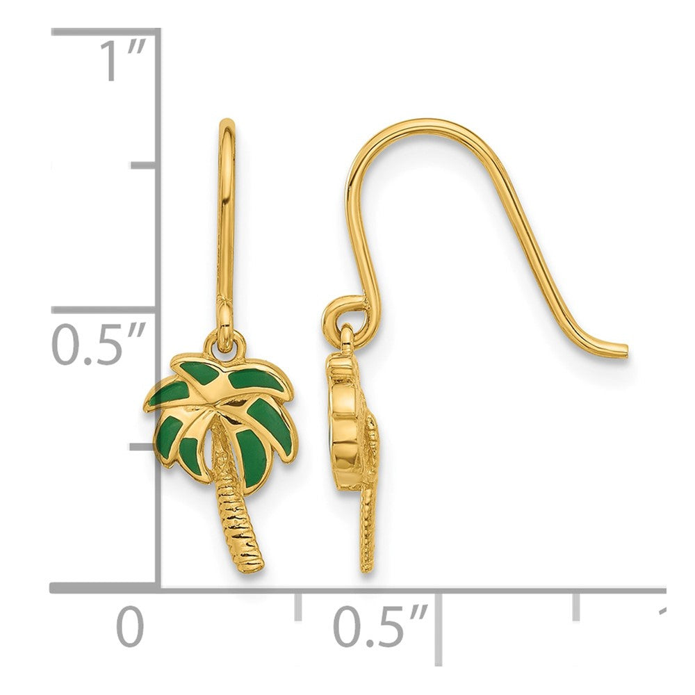 14k Polished Green Enameled Palm Tree Shepherd Hook Dangle Earrings