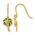 14k Polished Green Enameled Palm Tree Shepherd Hook Dangle Earrings