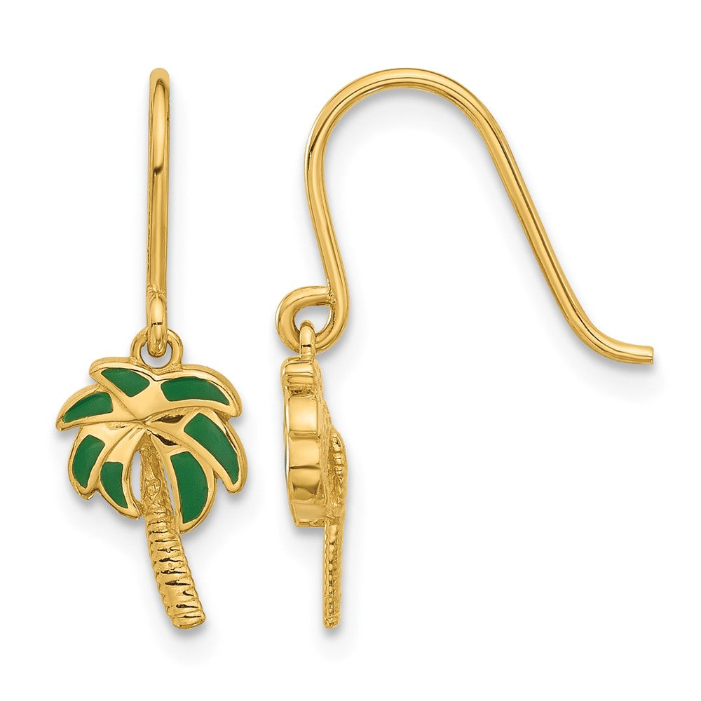 14k Polished Green Enameled Palm Tree Shepherd Hook Dangle Earrings