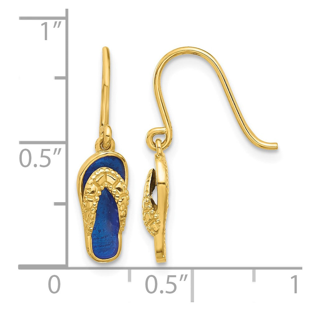 14k Polished Blue Enameled Flip Flop Shepherd Hook Dangle Earrings