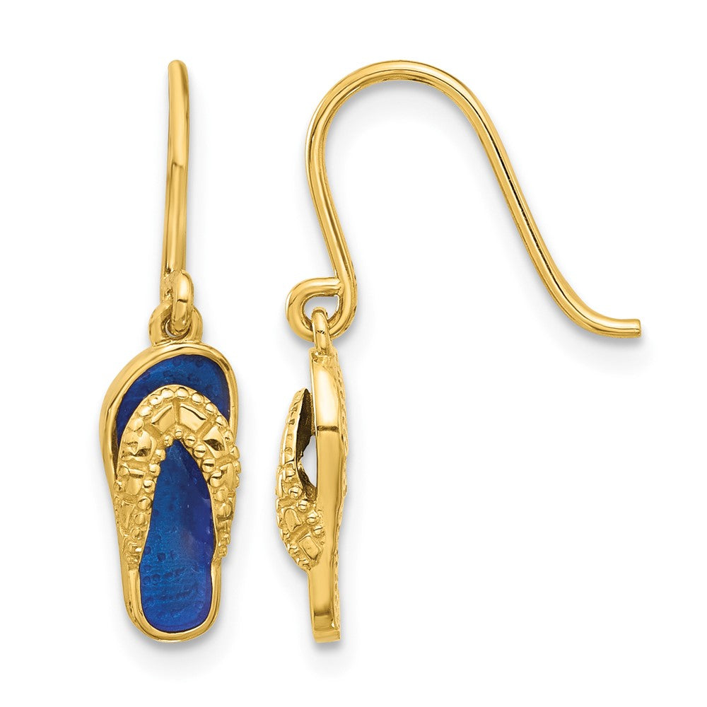 14k Polished Blue Enameled Flip Flop Shepherd Hook Dangle Earrings