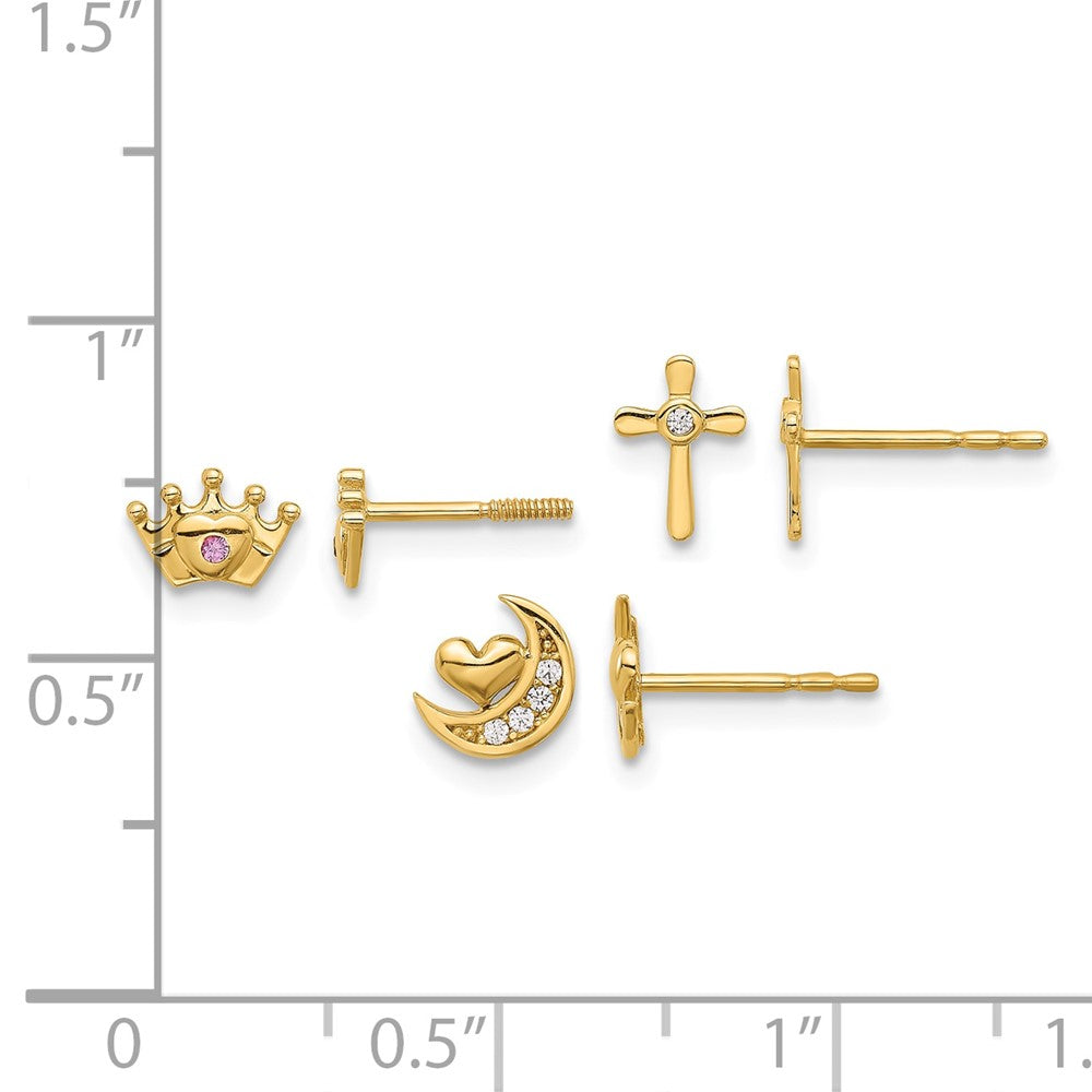 14K Polished CZ Moon Cross and Crown Post Earring Set