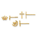 14K Polished CZ Moon Cross and Crown Post Earring Set
