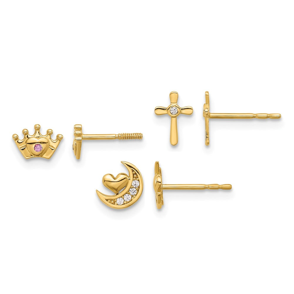 14K Polished CZ Moon Cross and Crown Post Earring Set
