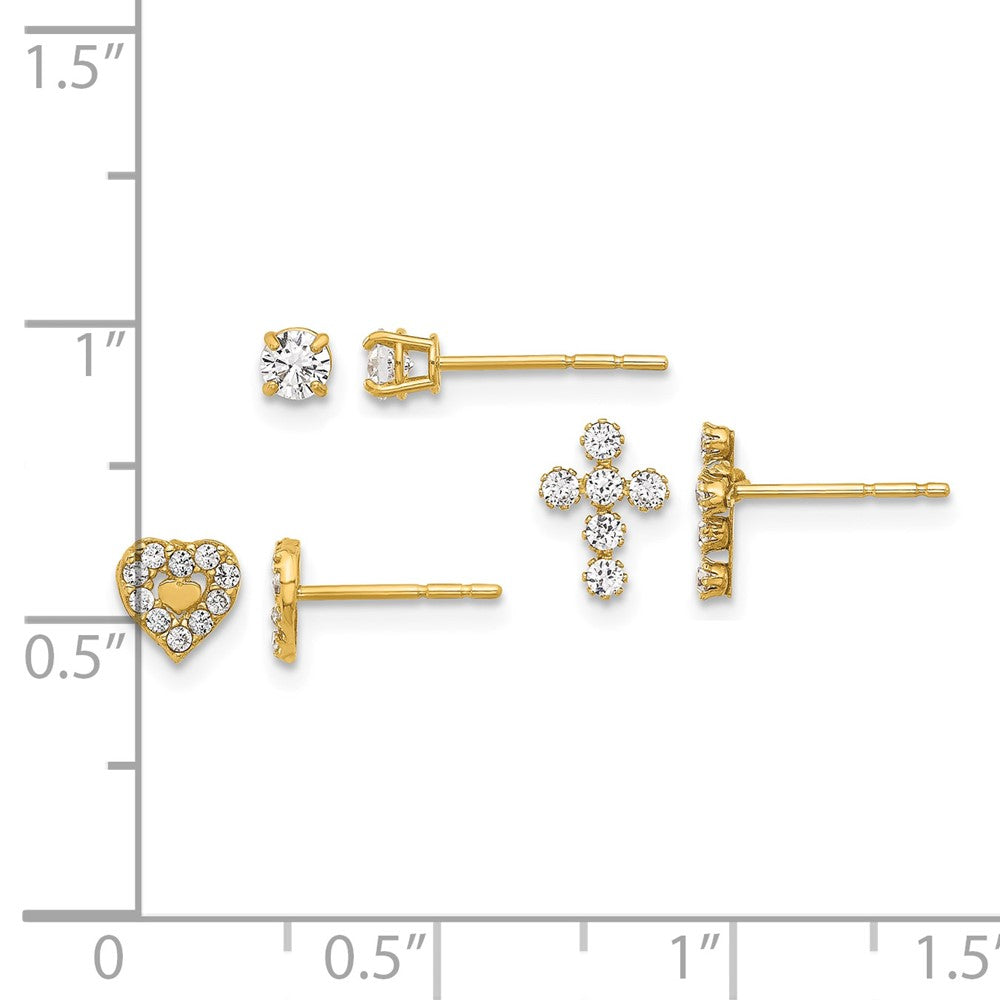 14K Polished CZ Cross Heart and Stud Post Earring Set