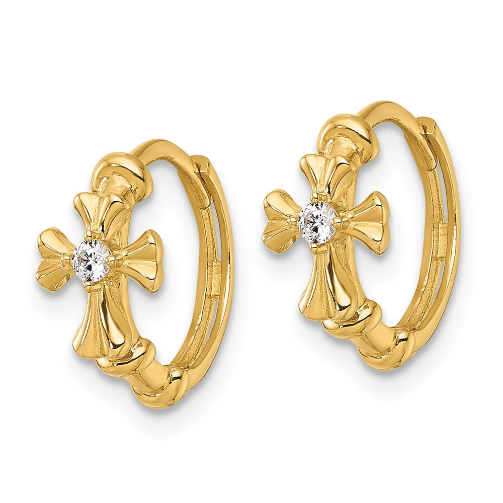 14k Polished CZ Cross Hinged Round Hoop Earrings
