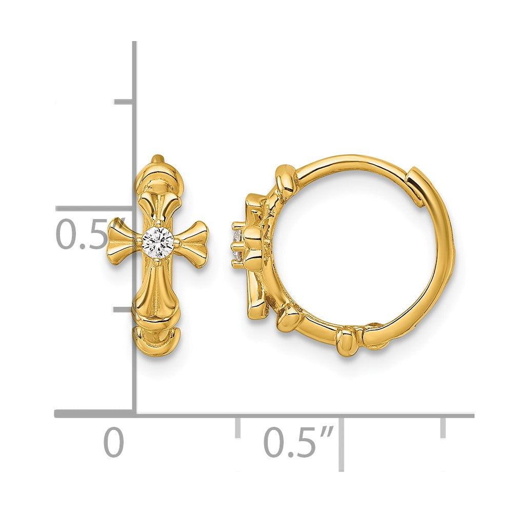 14k Polished CZ Cross Hinged Round Hoop Earrings