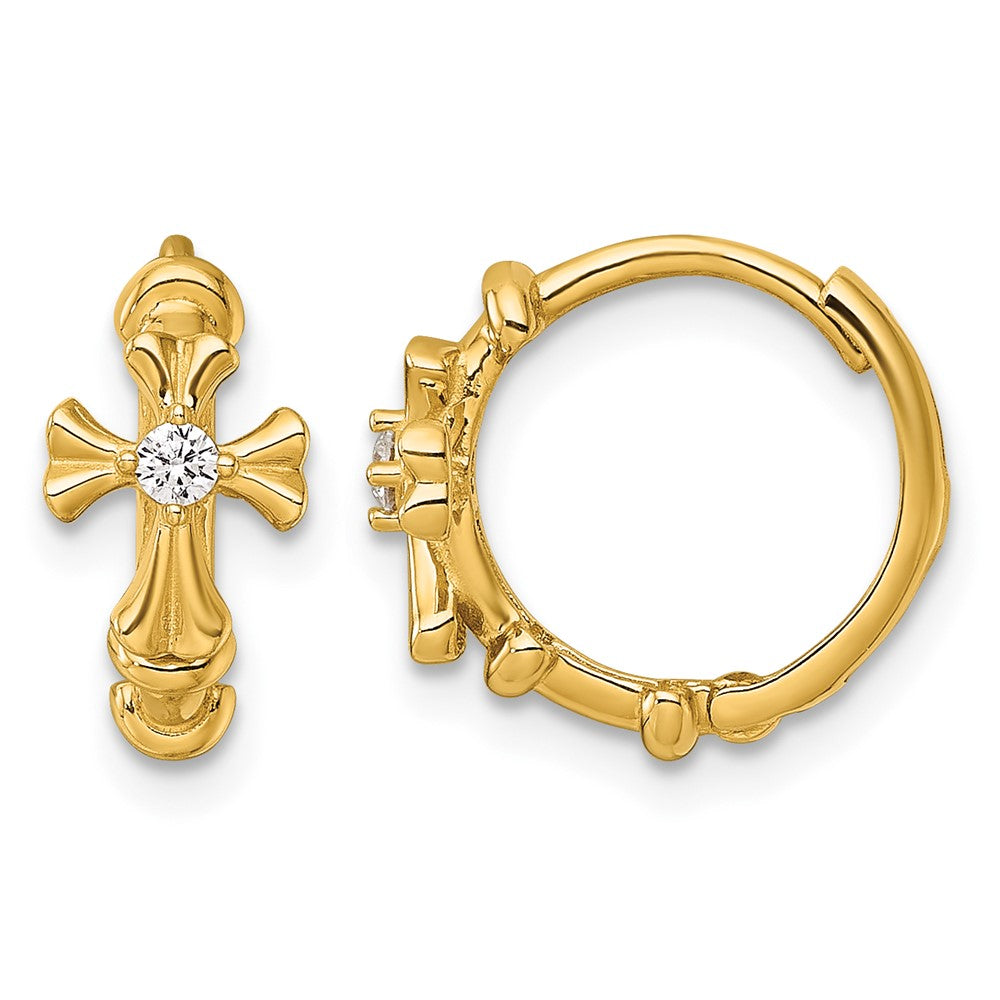 14k Polished CZ Cross Hinged Round Hoop Earrings