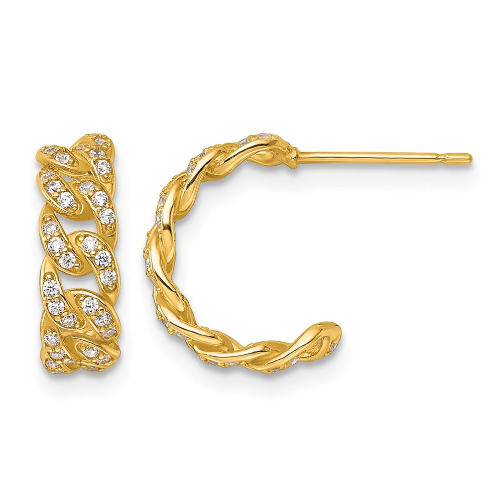 14k Polished CZ Curb Link Post C-Hoop Earrings