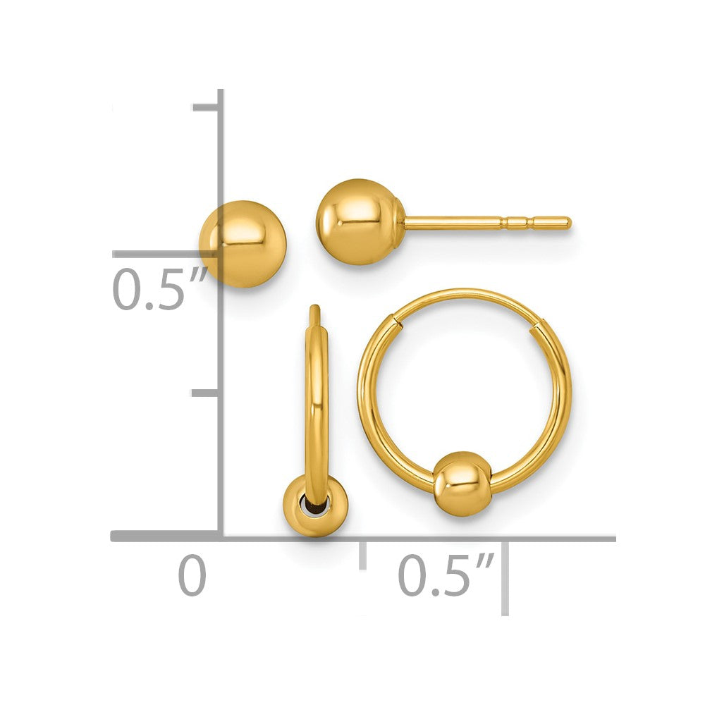 14k Polished Set of Two Post and Hoop w/ Bead Earrings