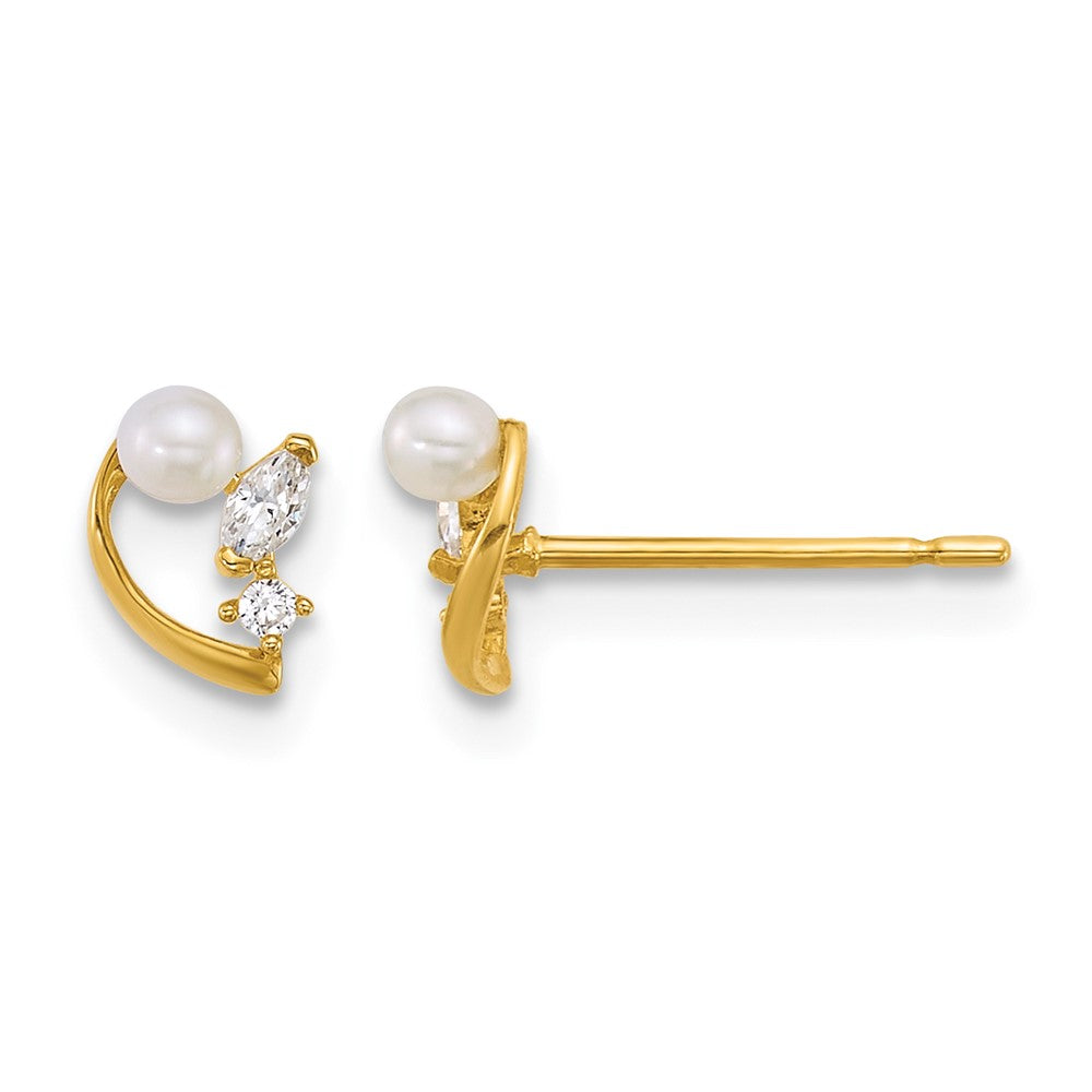 14k Polished CZ and Freshwater Cultured Pearl Post Earrings