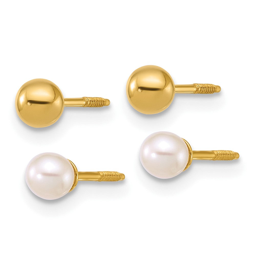 14k Polished Ball and 3-4mm FWC Pearl Screwback Set of 2 Earrings