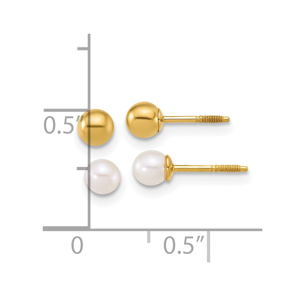 14k Polished Ball and 3-4mm FWC Pearl Screwback Set of 2 Earrings