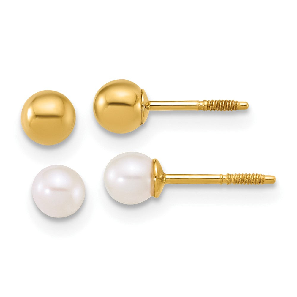 14k Polished Ball and 3-4mm FWC Pearl Screwback Set of 2 Earrings