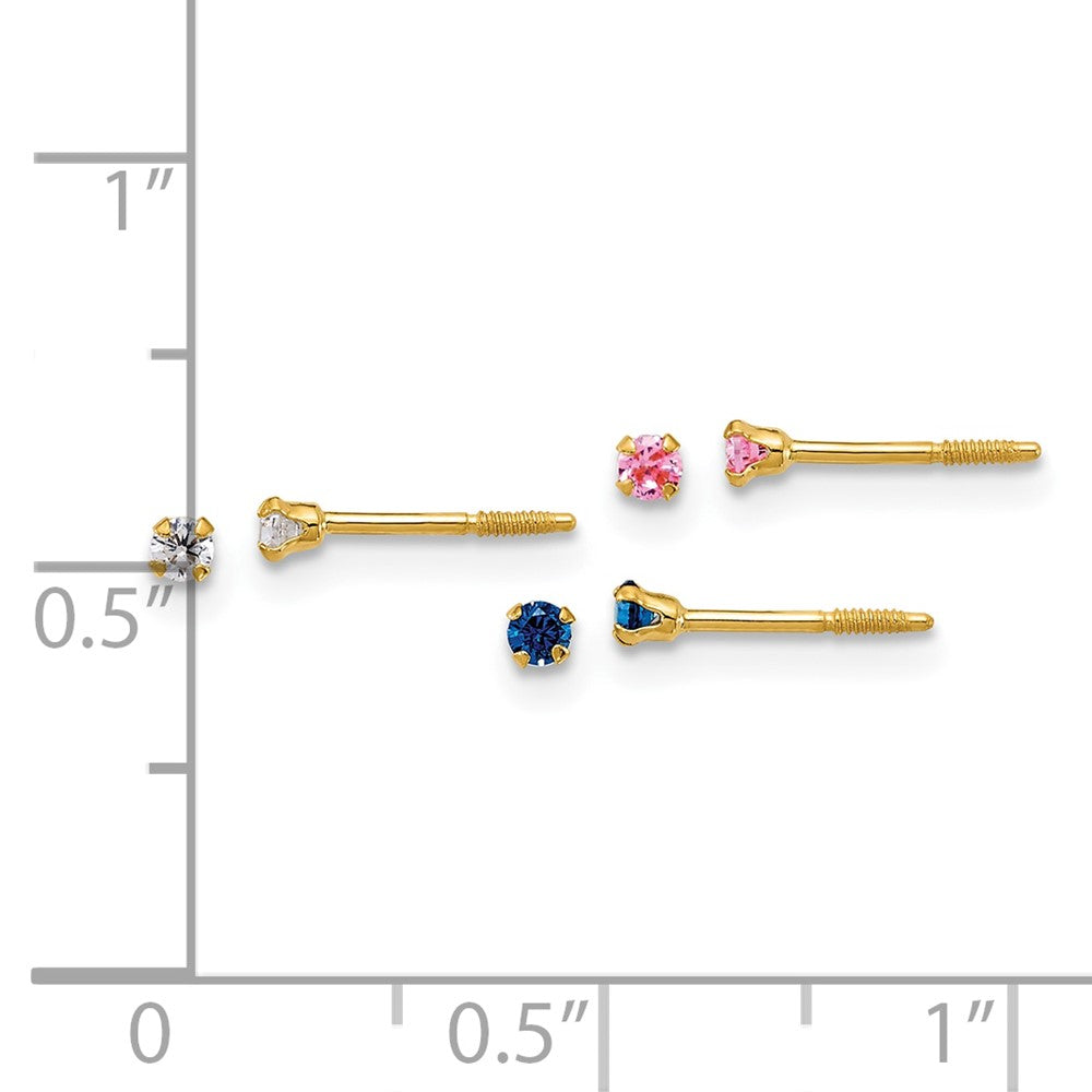 14k Polished 2mm White Pink And Blue CZ Screwback Set of 3 Earrings