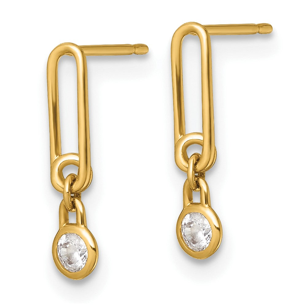 14k Polished CZ Paperclip Link Post Dangle Earrings
