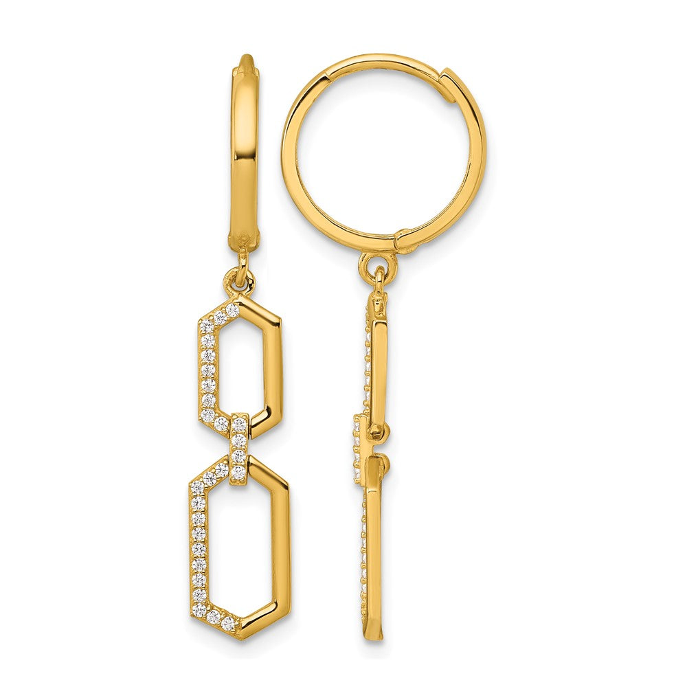 14k Polished Fancy CZ Hexagon Dangle Hinged Round Hoop Earrings