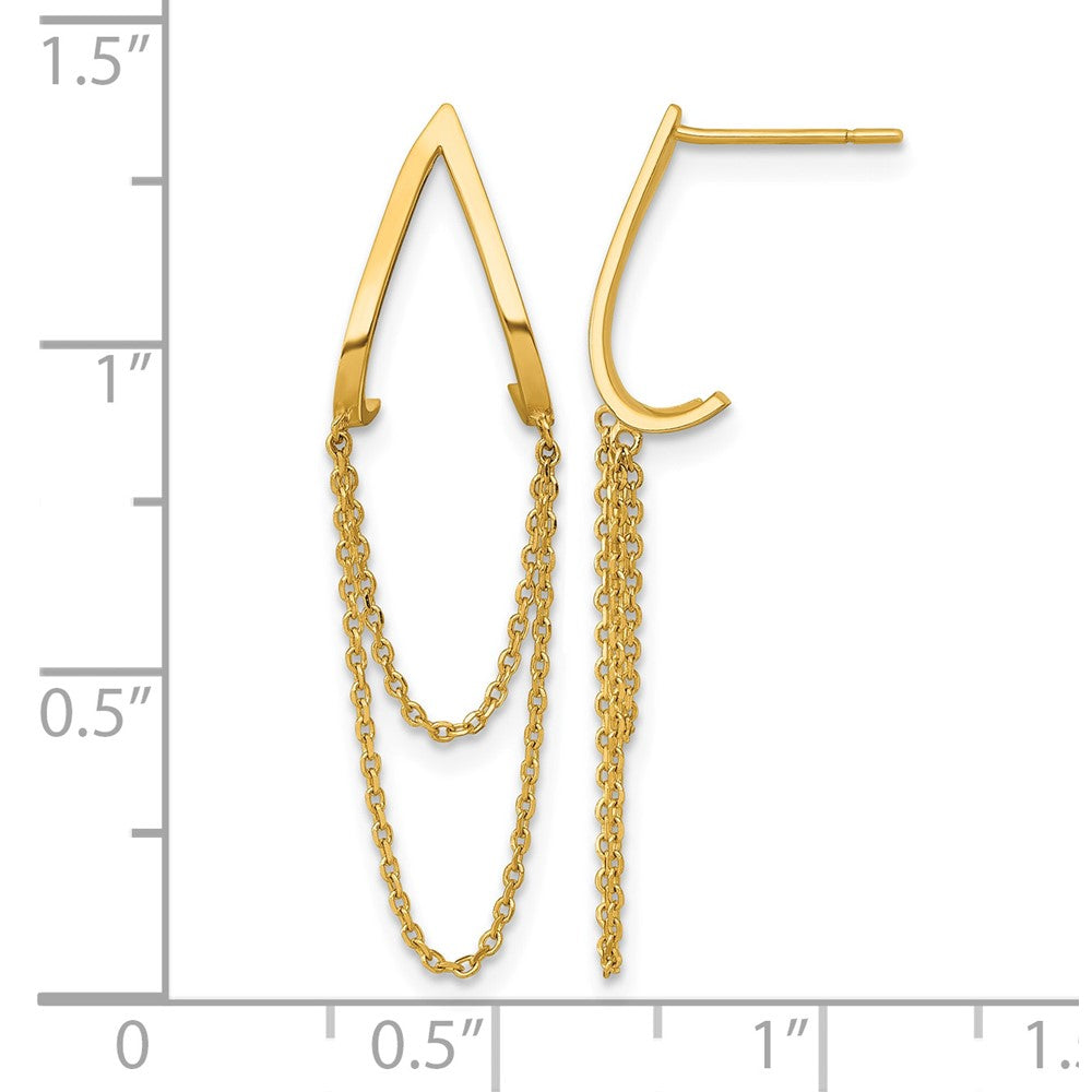 14k Polished V Design with Dangle Chain Post Earrings