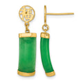14K Polished Good Luck Symbol Jade Domed Bar Post Dangle Earrings