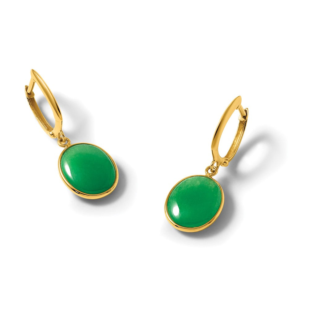 14K Polished Oval Jade Dangle Hinged Hoop Earrings