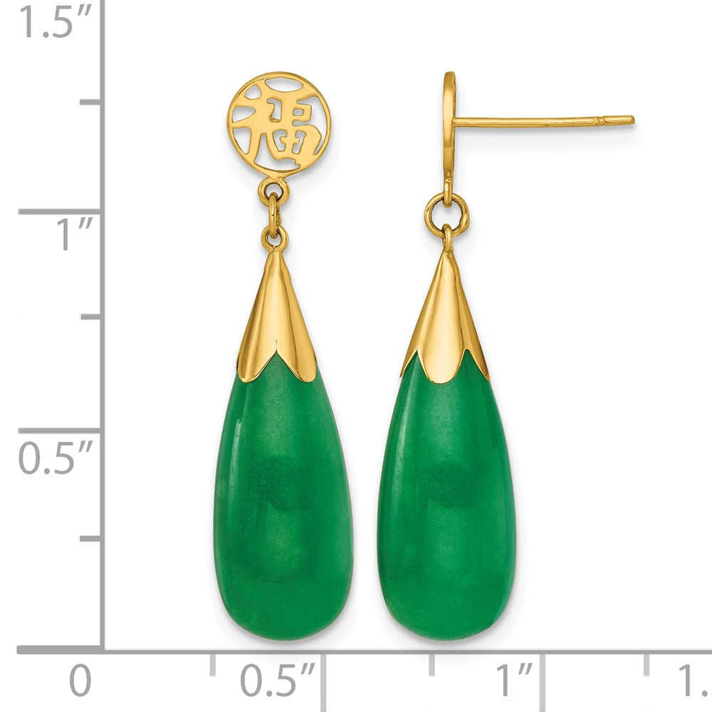 14K Polished Good Luck Symbol Jade Teardrop Post Dangle Earrings