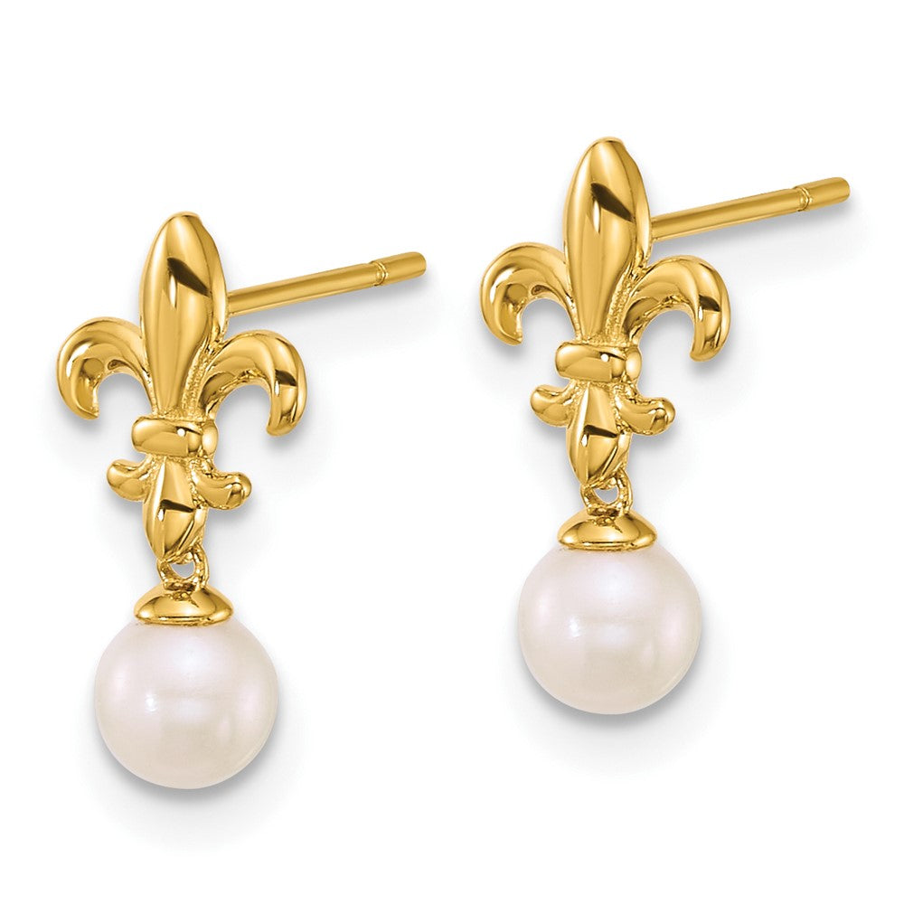 14k Polished Fleur de Lis 4mm FWC Pearl Post Dangle Earrings