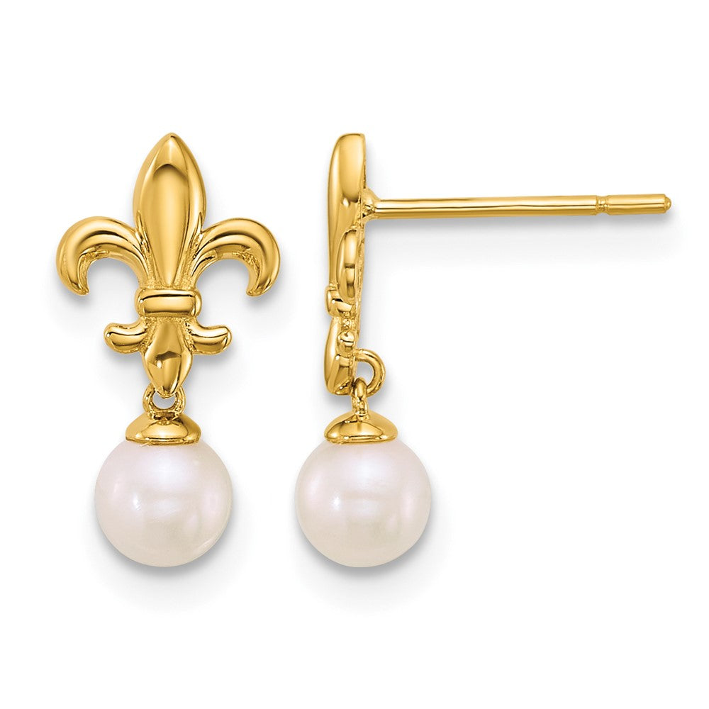 14k Polished Fleur de Lis 4mm FWC Pearl Post Dangle Earrings