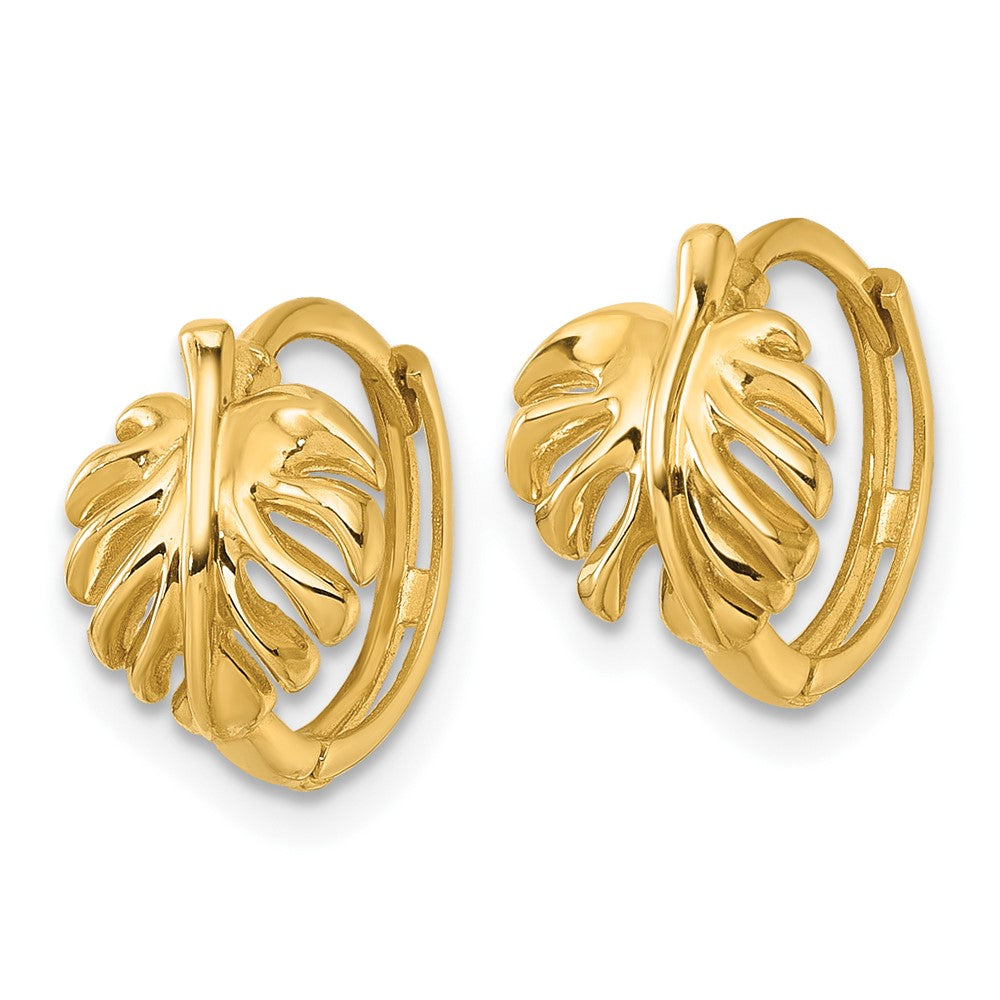 14k Polished Monstera Leaf Hinged Round Hoop Earrings
