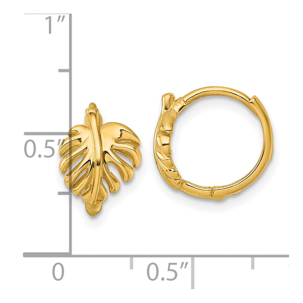 14k Polished Monstera Leaf Hinged Round Hoop Earrings