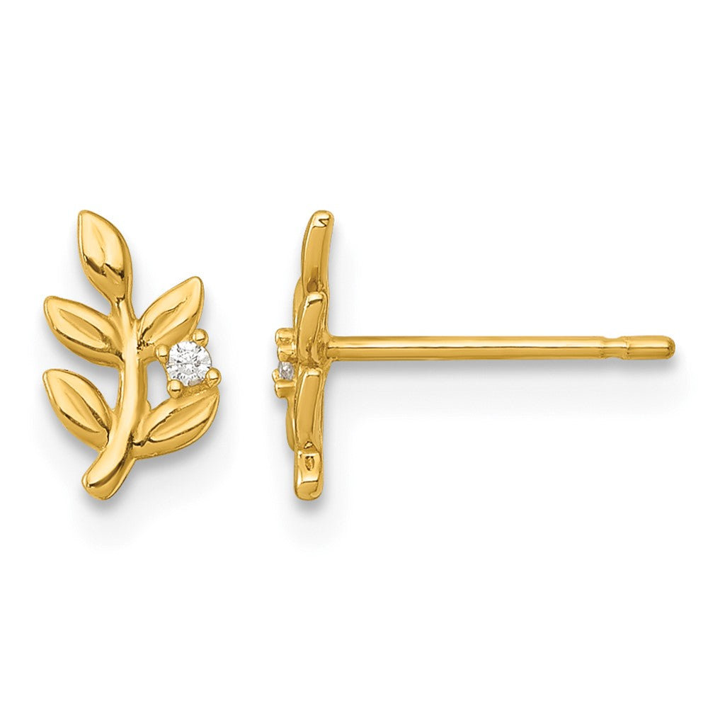 14k Polished CZ Leaf Post Earrings