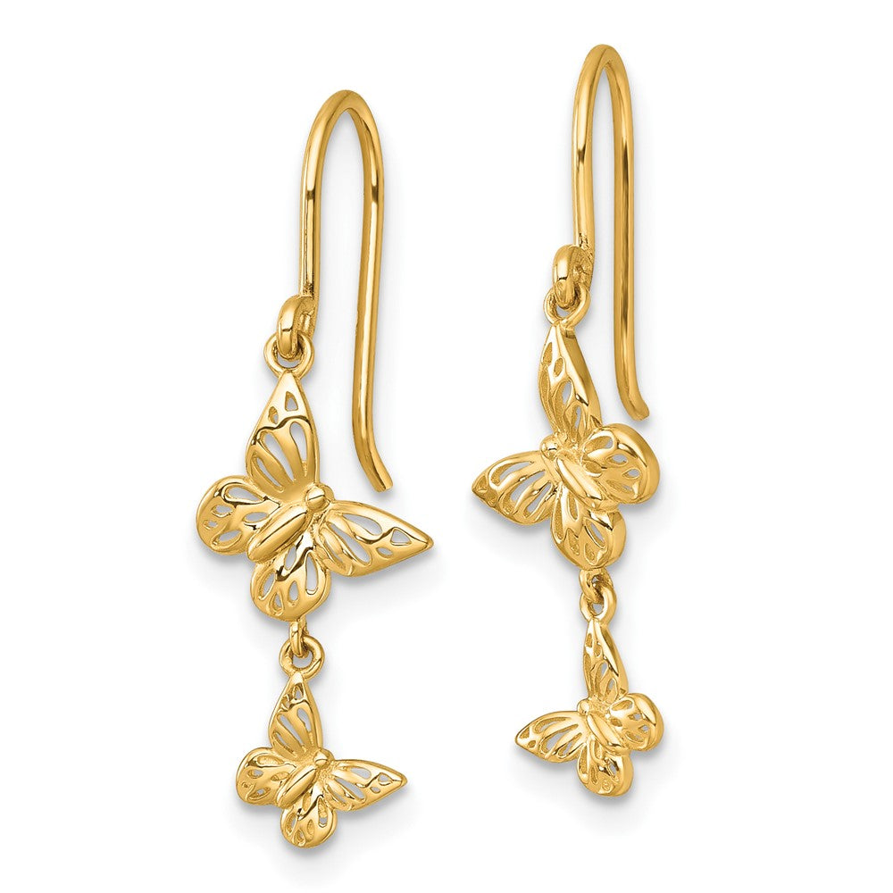 14k Polished Double Butterfly Moveable Dangle Shepherd Hook Earrings