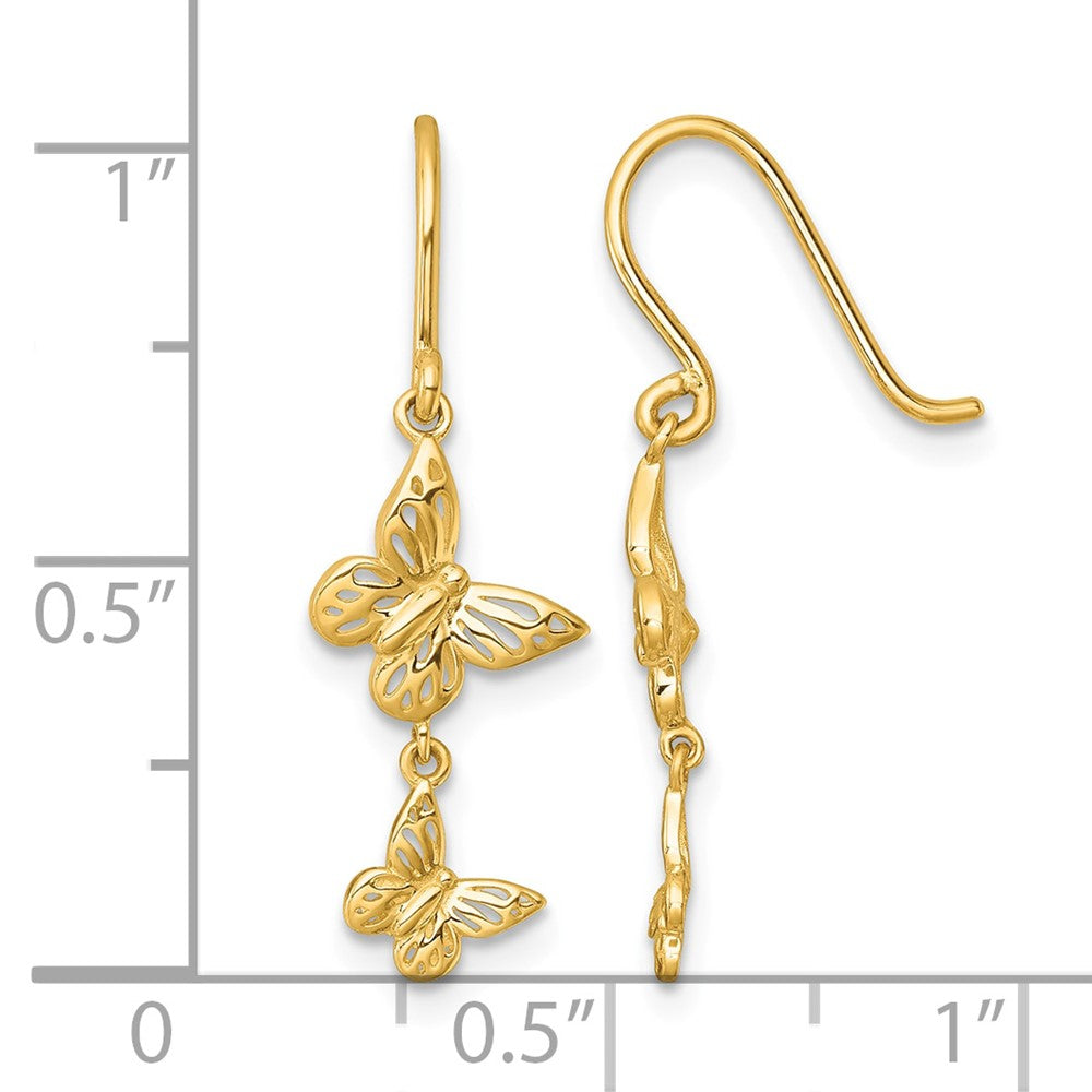 14k Polished Double Butterfly Moveable Dangle Shepherd Hook Earrings
