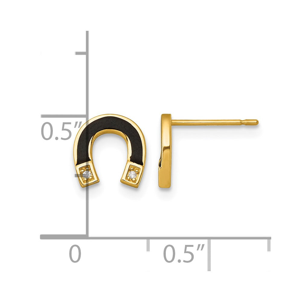 14k Polished Black Enamel and CZ Horseshoe Post Earrings